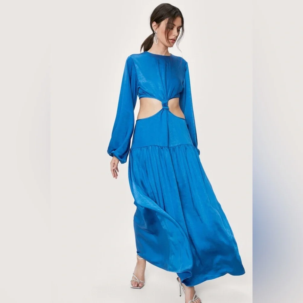 NWT Nasty Gal Satin High Neck Cut Out Maxi Dress in Cobalt Size UK 10 / US 6 - Picture 1 of 8